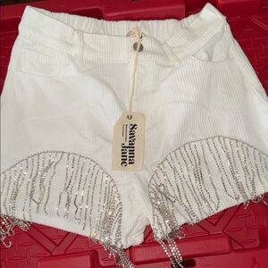 Savanna Jane High Waist White Shorts with Sparkling Silver rhinestone Fringe 🆕